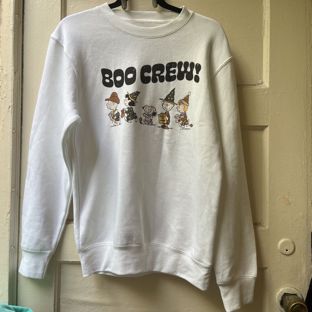Peanuts Snoopy White Crew Neck Sweater S Halloween Boo Crew Witchy Pumpkin Patch